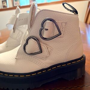 Dr. Martens White Leather ankle Boots with Heart Buckles. 2 inch platform.